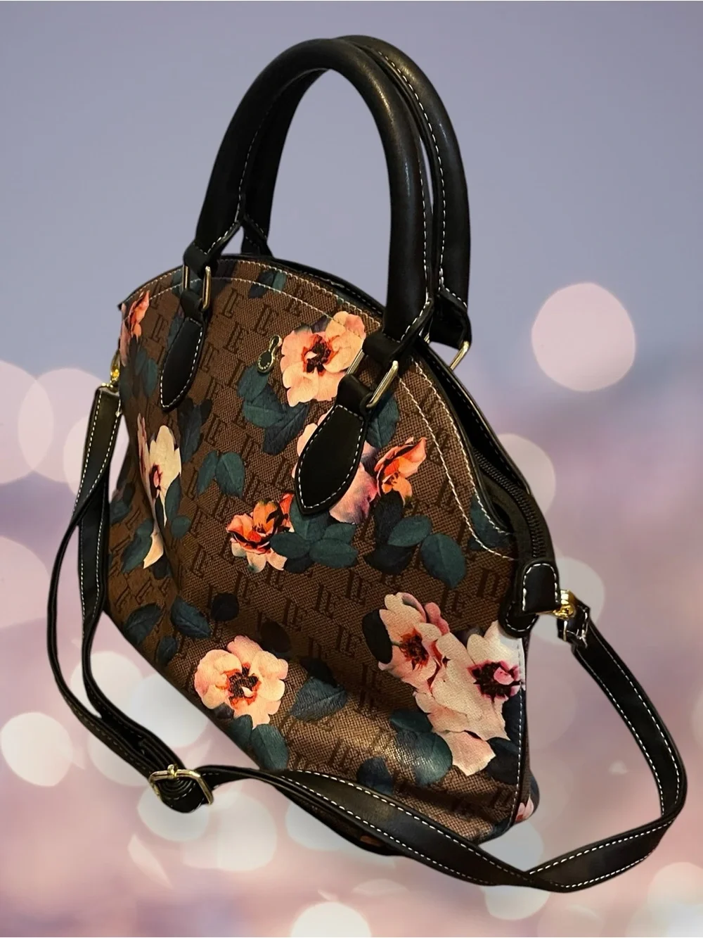 London Fog Floral Monogram Dome Satchel Handbag Brown Pink